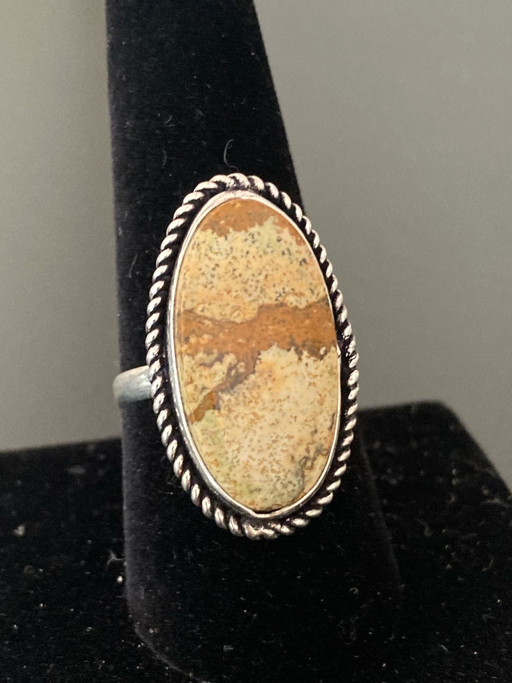 Sterling Silver Oval Picture Jasper Ring in Brown and  Cream Size 9